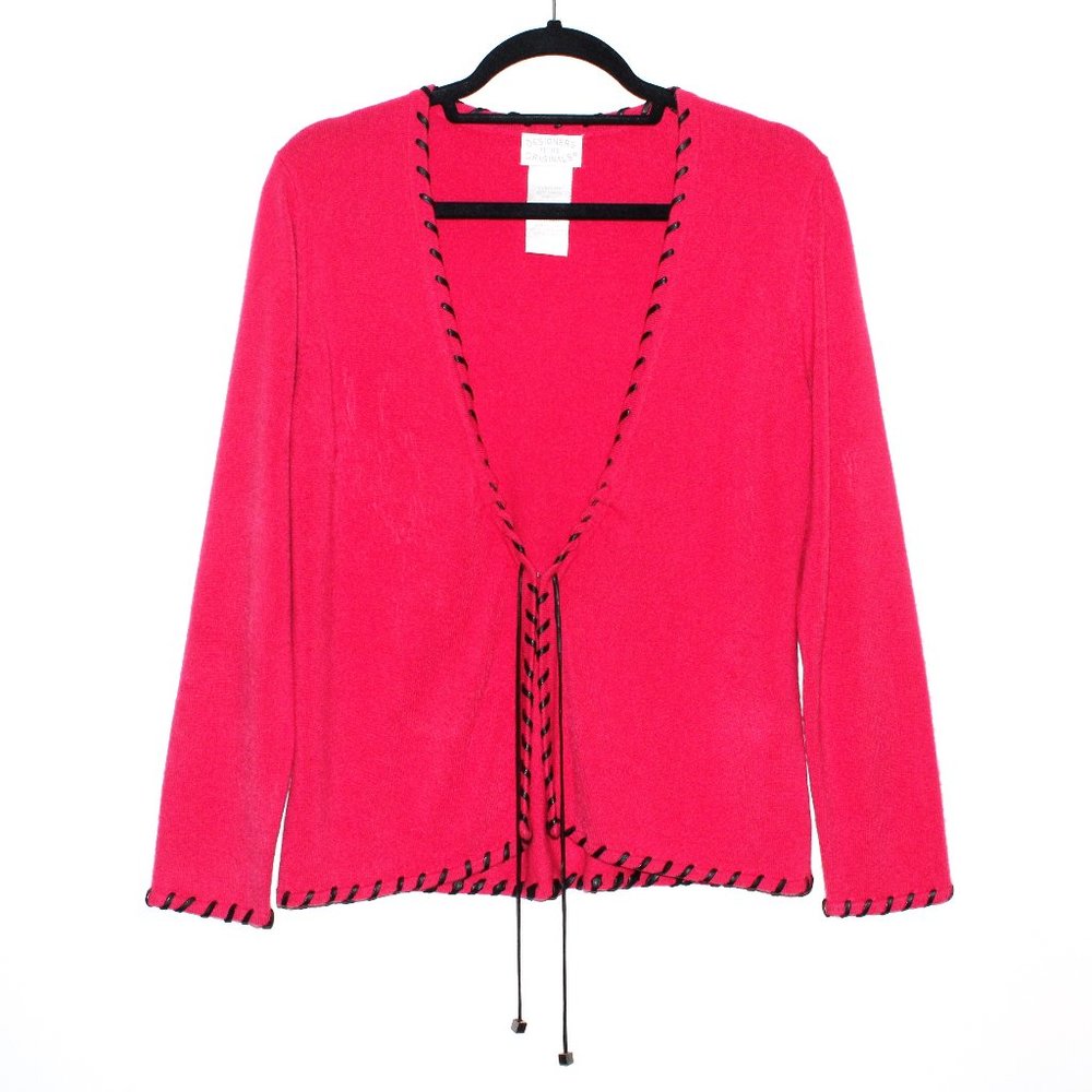 Vintage 90s Designers Originals Leather Trim Hot Pink Cardigan